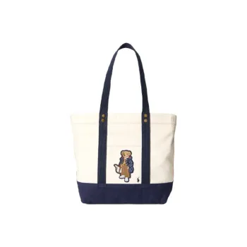 Polo Ralph Lauren Cotton Tote Bag Shopping Bag Shoulder Bag Handbag Medium Size Women's Natural/Blue