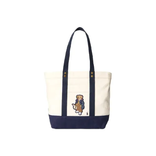 Polo Ralph Lauren Cotton Tote Bag Shopping Bag Shoulder Bag Handbag Medium Size Women's Natural/Blue