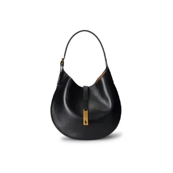 Polo Ralph Lauren Polo ID Leather Handbag, Shoulder Bag Medium Size Women's Black