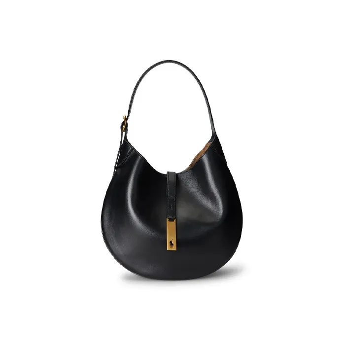 Polo Ralph Lauren Polo ID Leather Handbag, Shoulder Bag Medium Size Women's Black-0