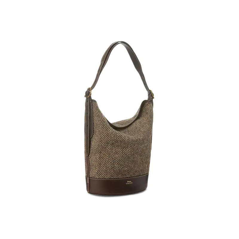 Polo Ralph Lauren Bellport Fabric Cow Leather Patchwork Bucket Bag Portable Crossbody Bag Shoulder Bag Women's Brown-1