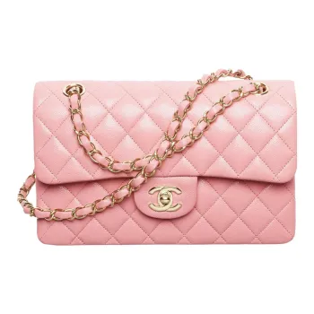 CHANEL Shiny Grain Cow Leather Flap Bag, Shoulder Bag, Crossbody Bag Trumpets Women's Coral Pink Red