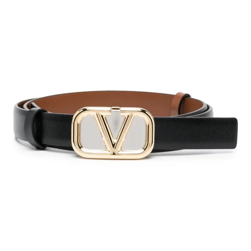 Valentino Classic V Logo Smooth Buckle Calfskin Leather Belts Women's Black Width: 2CM-0
