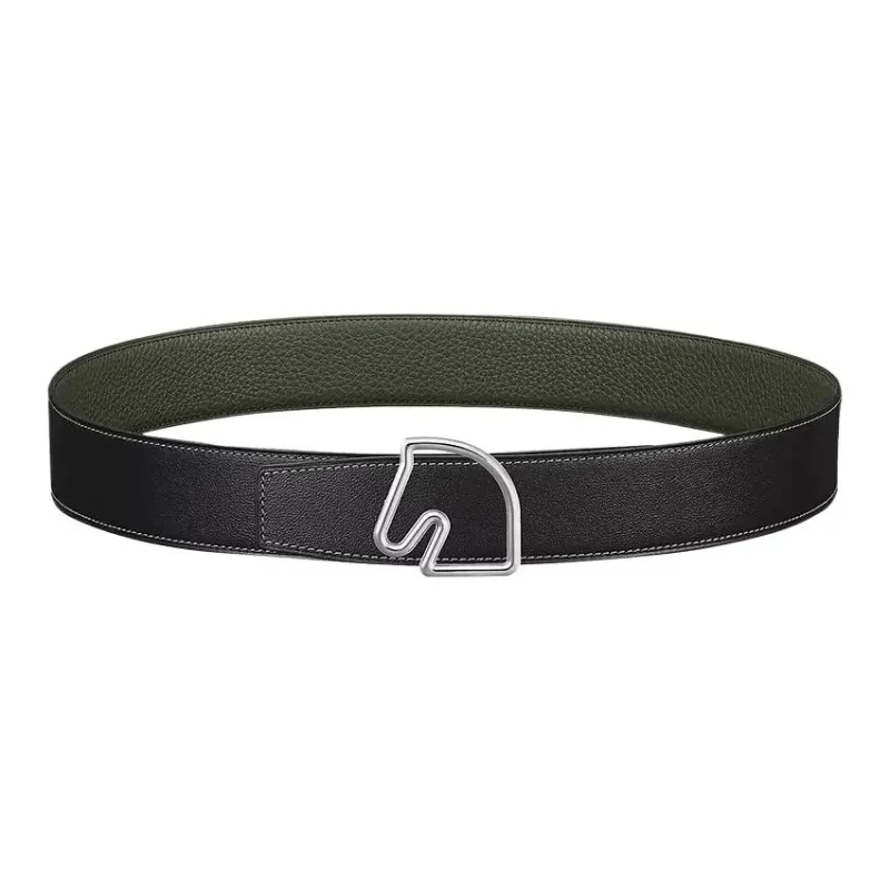HERMES Horsehead Logo Smooth Buckle Leather Belts Men's Black Width: 3.8CM-0