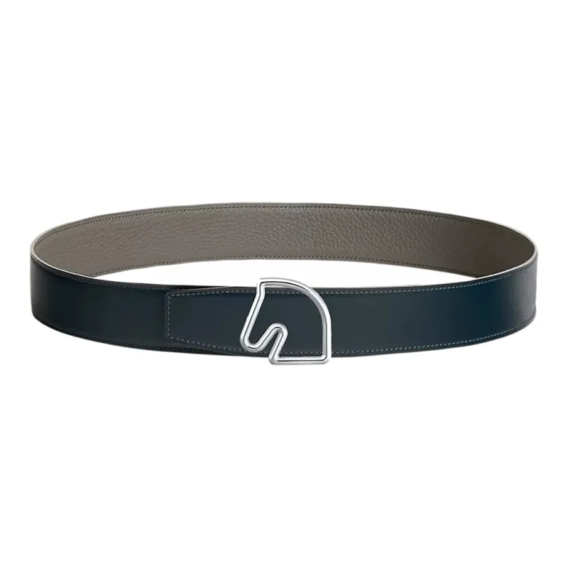 HERMES Solid Color Decoration Tete De Cheval Smooth Buckle Calfskin Leather Belts Men's Black Width  3.8CM-0