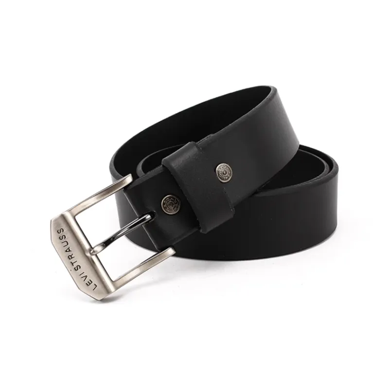 Levis Logo Letter Stamped Pin Buckle Cow Leather Leather Belts Men's Black Width 3.9CM-0