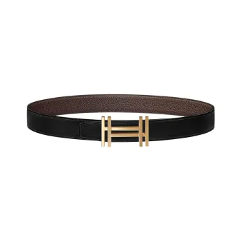 HERMES H Au Carre Leather Belts Men Black/Chocolate