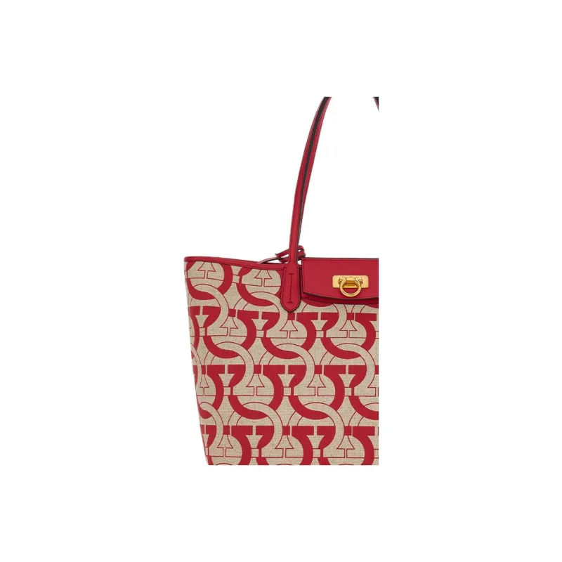 FERRAGAMO GANCINI Fabric With Cow Leather Tote Bag, Shopping Bag, Shoulder Bag, Handbag Women's Red-4