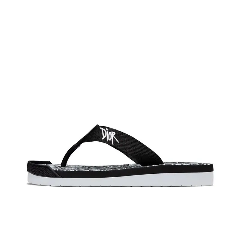 DIOR And Shawn Embroidery Flip Flops White Black-0