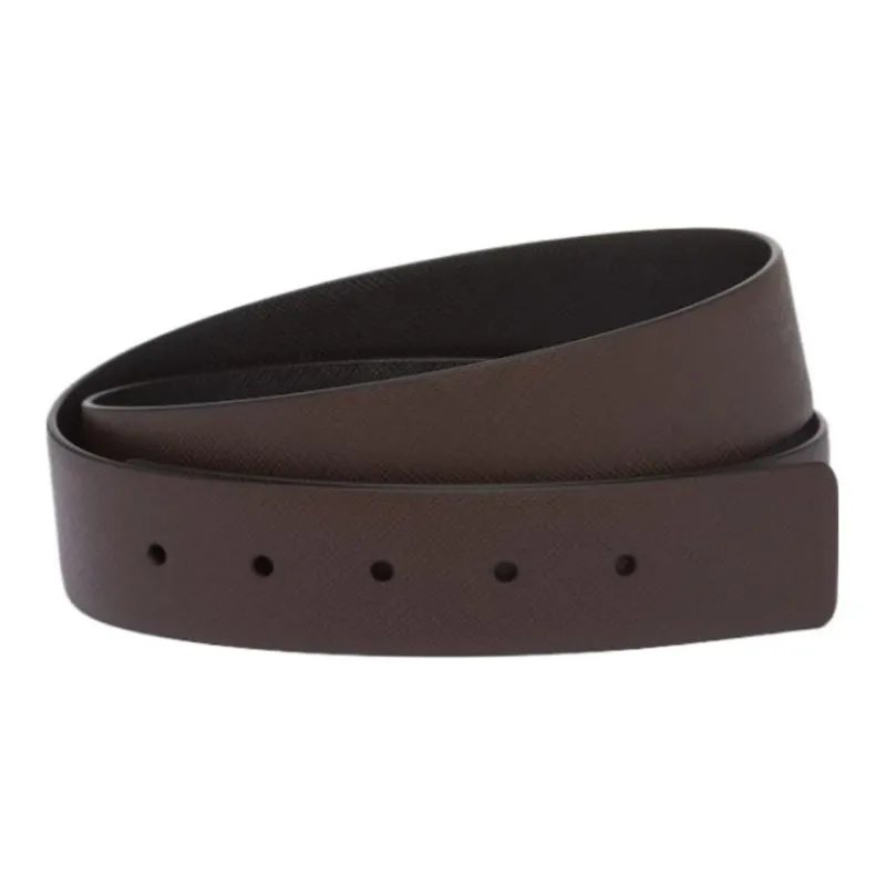 PRADA Solid Color Smooth Buckle Leather Belts Men's Brown Width 3.5CM-0