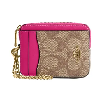 COACH Card Case Canvas With Leather Card Holder Mini Women's Khaki & Cherry Red