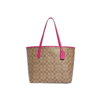 COACH City Canvas With Leather Tote Bag Shopping Bag Shoulder Bag Handbag Large Size Women's Light Khaki & Cherry Red