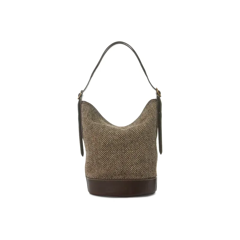 Polo Ralph Lauren Bellport Fabric Cow Leather Patchwork Bucket Bag Portable Crossbody Bag Shoulder Bag Women's Brown-2