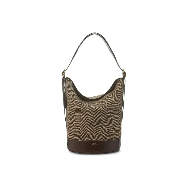 Polo Ralph Lauren Bellport Fabric Cow Leather Patchwork Bucket Bag Portable Crossbody Bag Shoulder Bag Women's Brown-0
