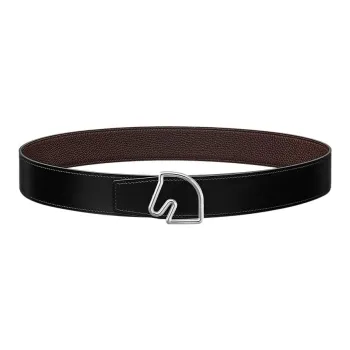 HERMES Tete De Cheval Smooth Buckle Leather Belts Unisex Black Width  3.8CM