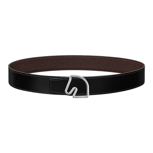 HERMES Tete De Cheval Smooth Buckle Leather Belts Unisex Black Width  3.8CM