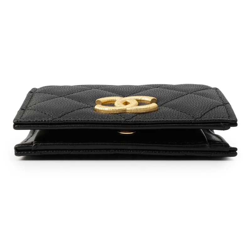 CHANEL Grain Embossed Shiny Caviar Calfskin Flap Wallet Trumpets Women's Black-4
