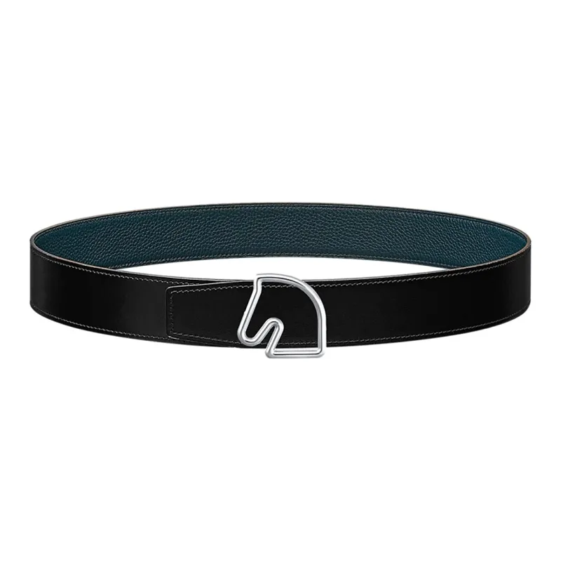 HERMES Double Sided Horse Pattern Decoration Smooth Buckle Leather Belts Unisex Black Width  3.8cm-0