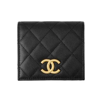 CHANEL Embossed Shiny Calfskin Pocket Wallet Small Size Women's Black