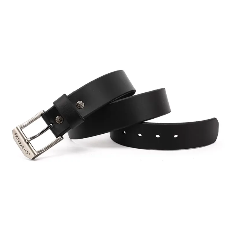 Levis Logo Letter Stamped Pin Buckle Cow Leather Leather Belts Men's Black Width 3.9CM-2