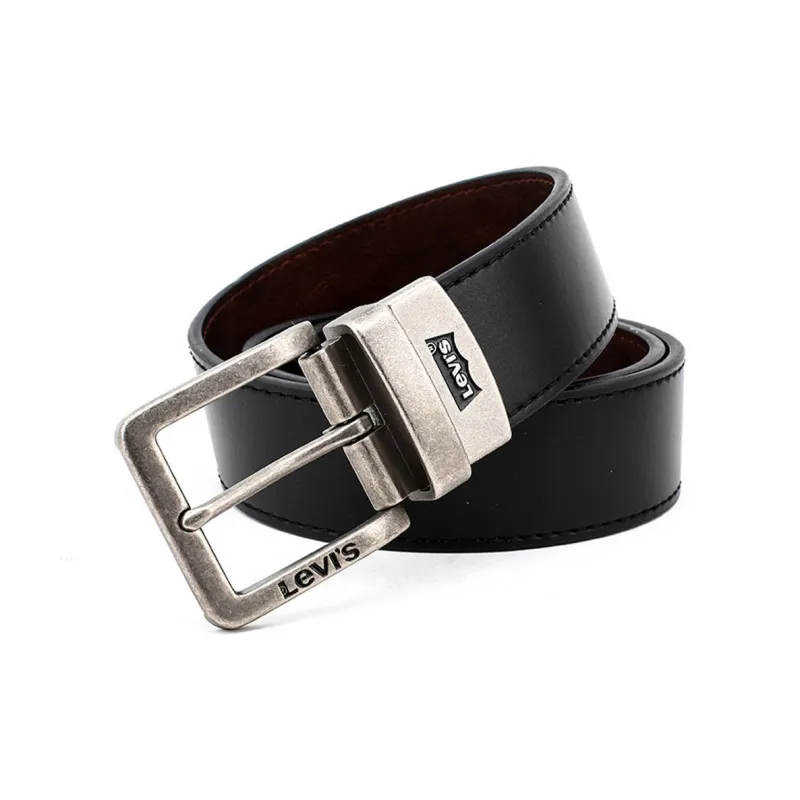 Levis Letter Logo Badge Pin Buckle Leather Belts Men's Black Width 3.7cm-0
