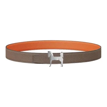 HERMES Panache Double Sided Emblem Pattern Decoration Smooth Buckle Leather Belts Men's Gray Brown Width 3.2cm