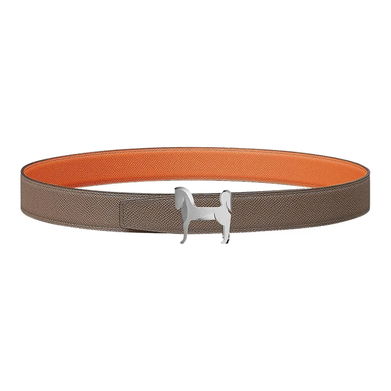 HERMES Panache Double Sided Emblem Pattern Decoration Smooth Buckle Leather Belts Men's Gray Brown Width 3.2cm-0