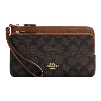 COACH Double Zip Wallet Canvas With Leather Coin Purse Wrist Bag Wallet Women's Black & Brown