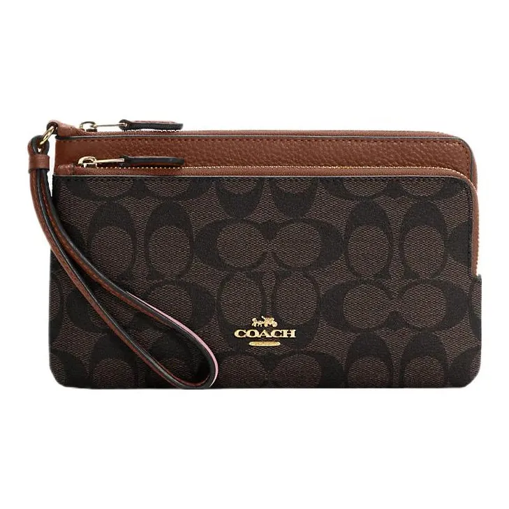COACH Double Zip Wallet Canvas With Leather Coin Purse Wrist Bag Wallet Women's Black & Brown-0