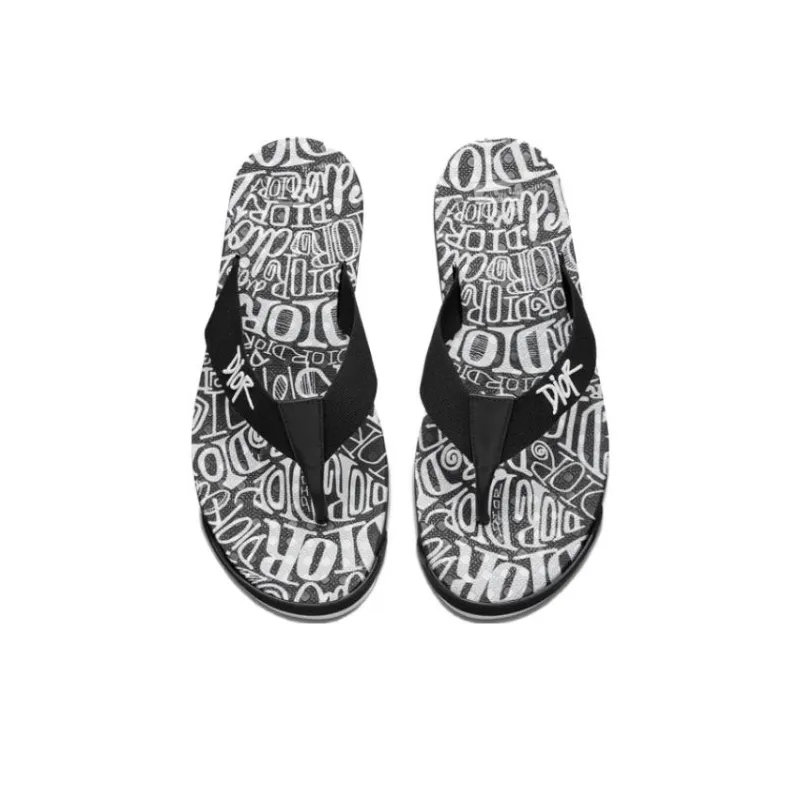 DIOR And Shawn Embroidery Flip Flops White Black-3