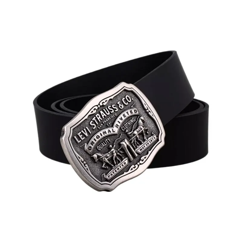 Levis Brand Logo Styling Smooth Buckle Leather Belts Men's Black Width: 4CM-0