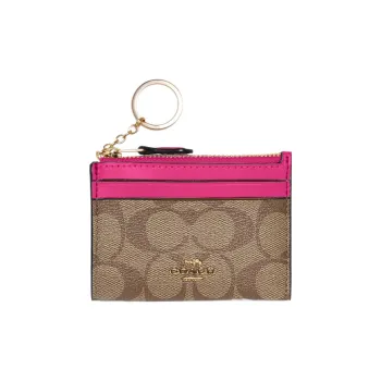 COACH Mini Id Skinny Coated Canvas With Smooth Leather Document Wallet Card Holder Regular Women's Brown & Cherry Red
