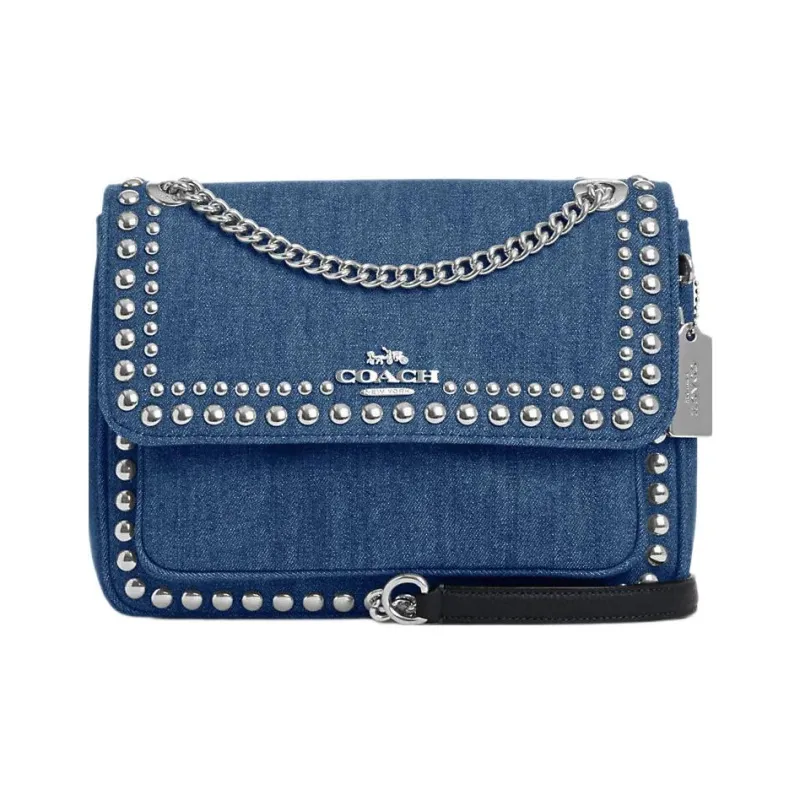 COACH Klare Denim With Pebbled Leather Shoulder Bag, Crossbody Bag Medium Size Women's Denim Blue-0