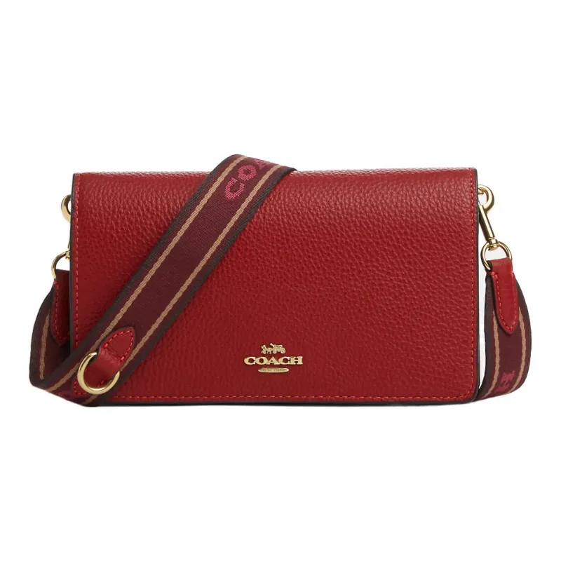 COACH Anna Pebbled Leather Envelope Bag Clutches Shoulder Bag Crossbody Bag Small Size Women's Red-0