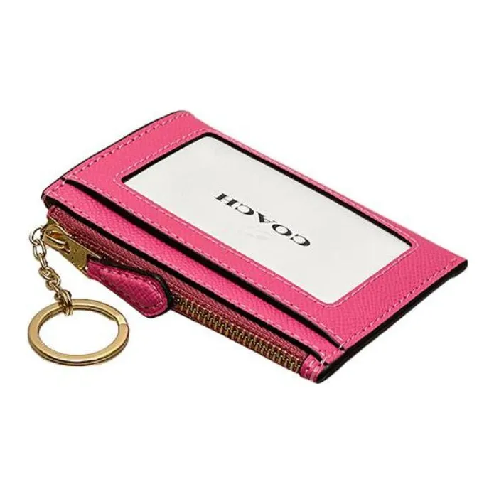 COACH Skinny Id Case Cross Grain Leather Key Ring Card Slot Coin Purse Card Holder Mini Women's Strawberry Red-3