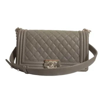 CHANEL Litchi Leather Calfskin Flap Bag, Crossbody Bag, Shoulder Bag Medium Size Women's Gray