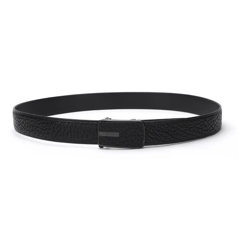 ELLE HOMME Men's Top Grain Cow Leather Automatic Buckle Belt Studded Steel Buckle Men's Belt Men's Black Width 3.7cm-3