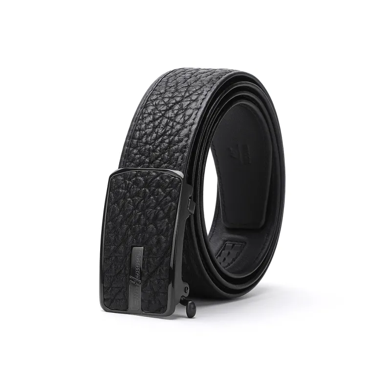 ELLE HOMME Men's Top Grain Cow Leather Automatic Buckle Belt Studded Steel Buckle Men's Belt Men's Black Width 3.7cm-1