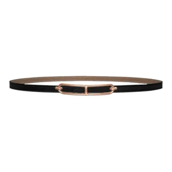 HERMES ROULIS Double Ring Style Design Smooth Buckle Calfskin Leather Belts Women's Black Width 1.3CM