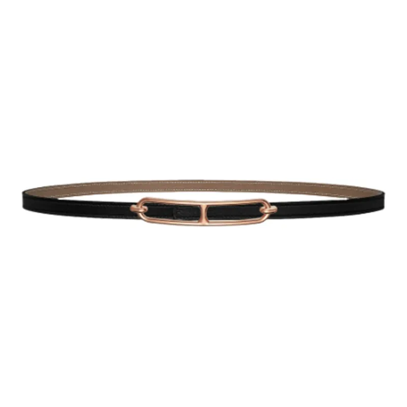 HERMES Roulis Double Ring Style Design Smooth Buckle Calfskin Leather Belts Women's Black Width 1.3CM-0