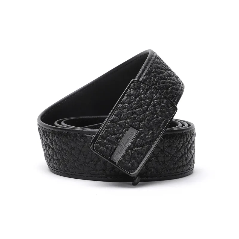 ELLE HOMME Men's Top Grain Cow Leather Automatic Buckle Belt Studded Steel Buckle Men's Belt Men's Black Width 3.7cm-0
