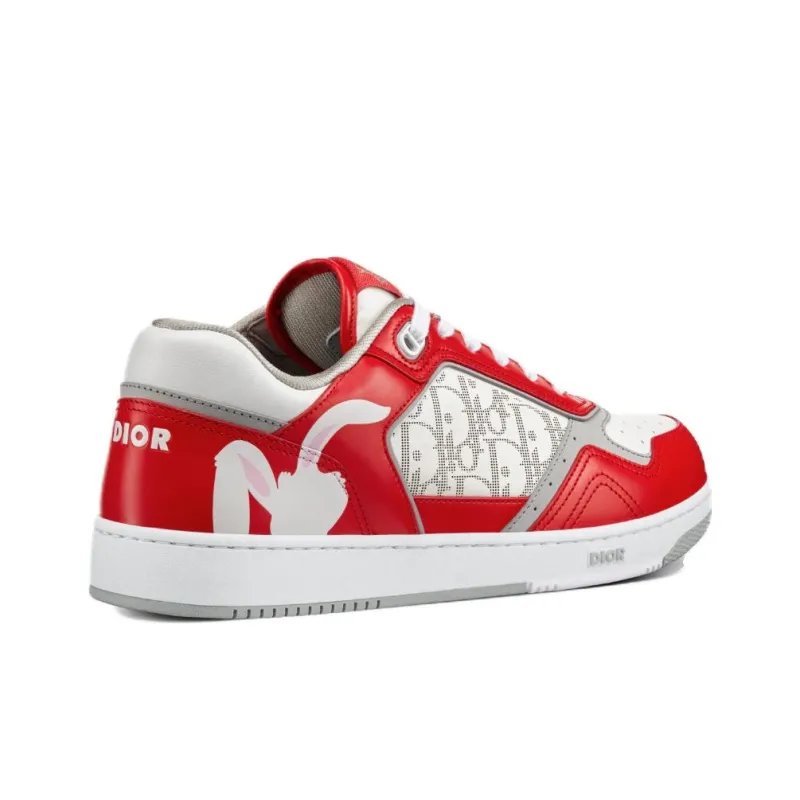 DIOR B27 Low Erl Red And White Smooth Calfskin And White DIOR Oblique Galaxy Leather With Rabbit Motif-2
