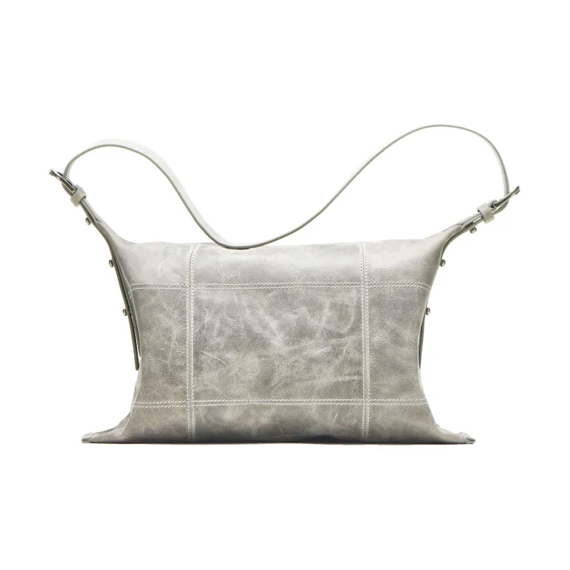 PECO Cow Leather Unique And Non Colliding Style Shoulder Bag Crossbody Bag Large Size Unisex Silver Gray-3
