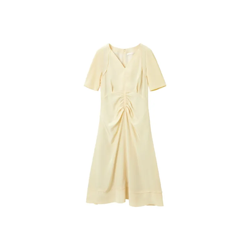 OVV Short Sleeved Dresses Women's Beige Yellow Solid Color 10-3