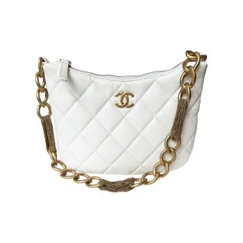 CHANEL Sheepskin Hobo Shoulder Bag Women's White