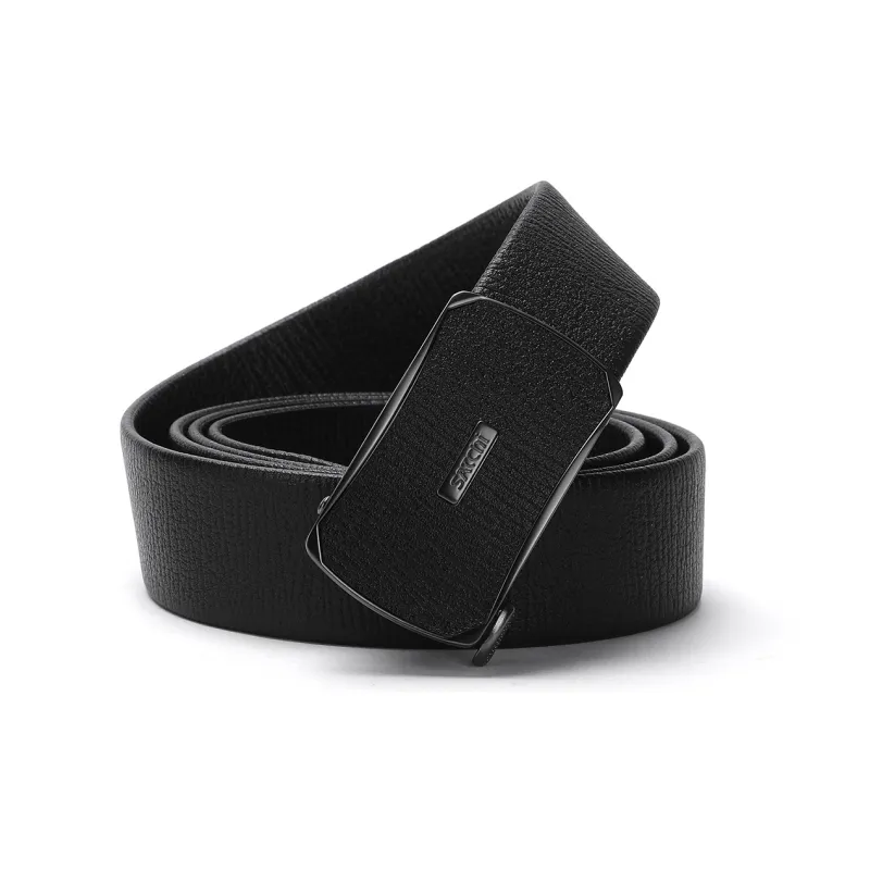 Satchi Sanduo Belt Automatic Buckle Shark Grain Leather Alloy Buckle With Leather Overlay Belt Men's Black Width 3.55cm-0