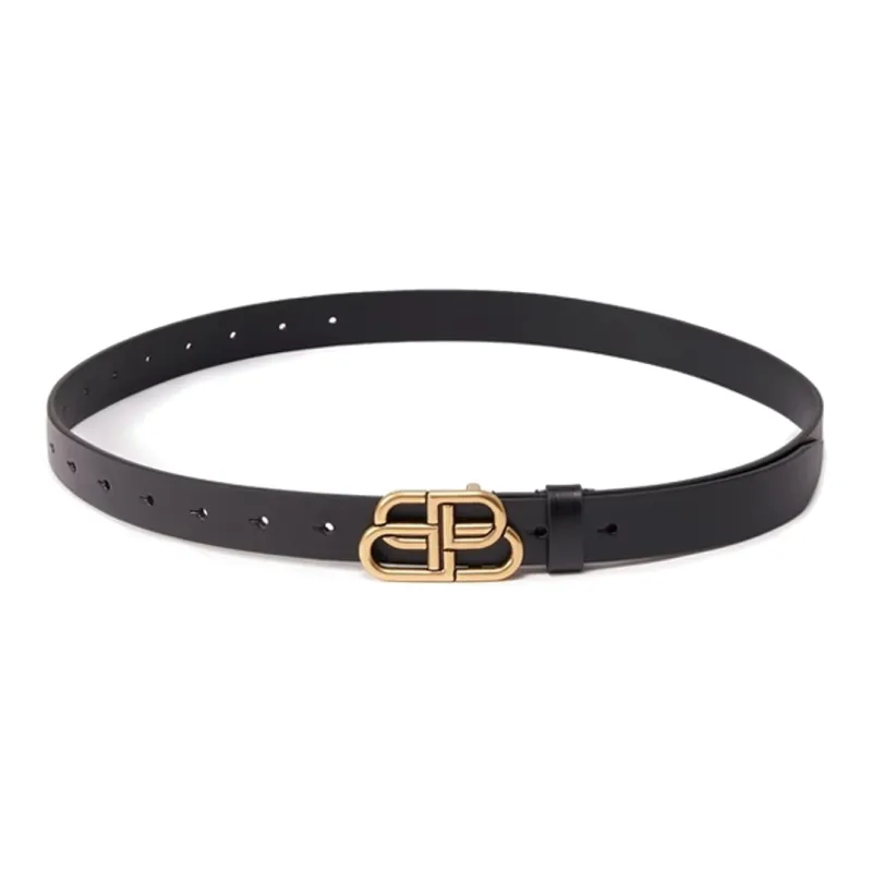 Balenciaga BB Logo Cut Out Decoration Smooth Buckle Leather Belts Men's Black Width 3.5CM-0