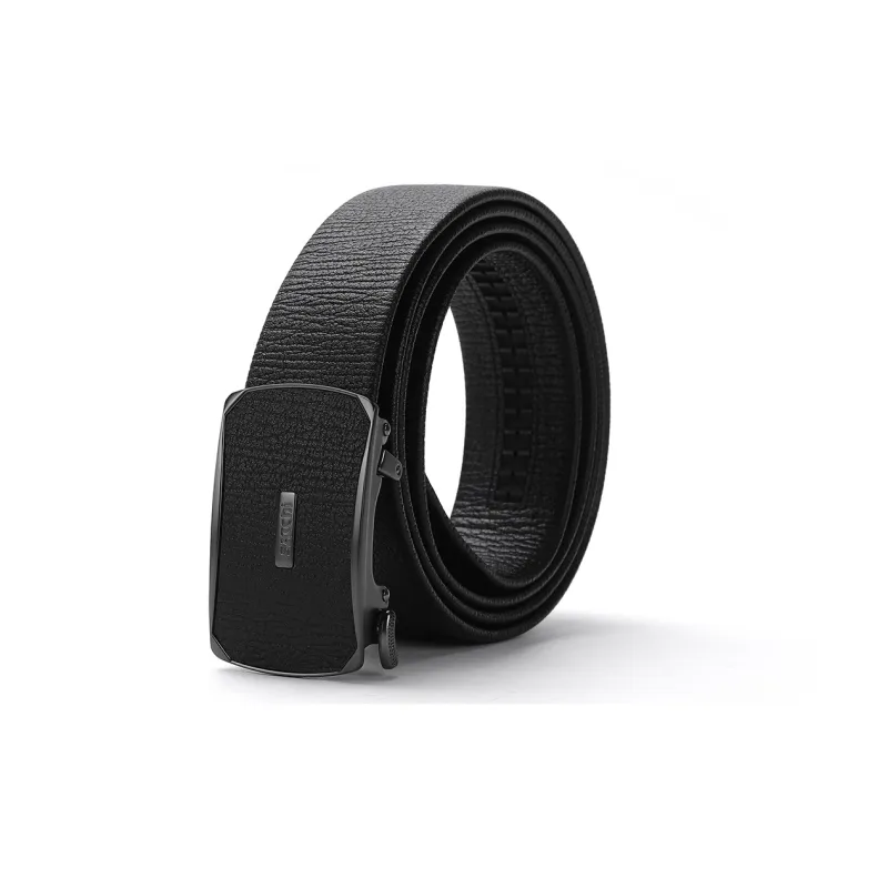Satchi Sanduo Belt Automatic Buckle Shark Grain Leather Alloy Buckle With Leather Overlay Belt Men's Black Width 3.55cm-1