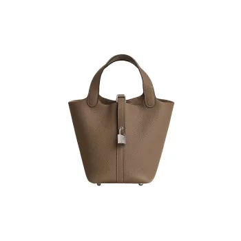 HERMES Taurillon Maurice Bullock Leather Basket Bag Handbag 18 Women's New Elephant Gray Color M1 Ox Leather