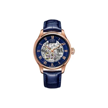 ROTARY Greenwich Series Wrist Watch Automatic Mechanical Movement Genuine Leather Strap Blue Dial Men's Watches